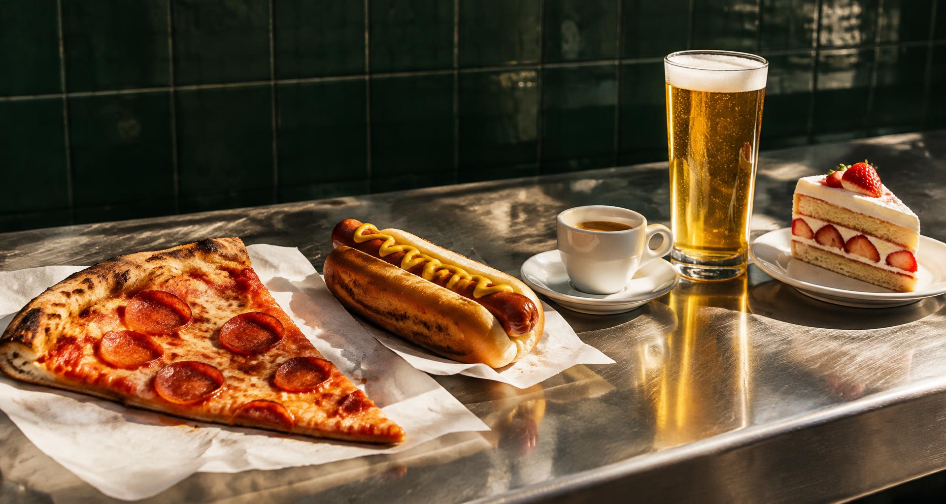 Pizza, hot dog, káva, pivo a dort na bistro pultu